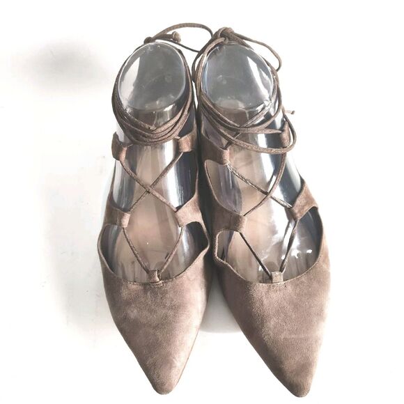 Vince Camuto Pointy Toe Tie Up Ankle Wrap Flats 7.5 Nuetral Suede Ballet Flats - Picture 6 of 10